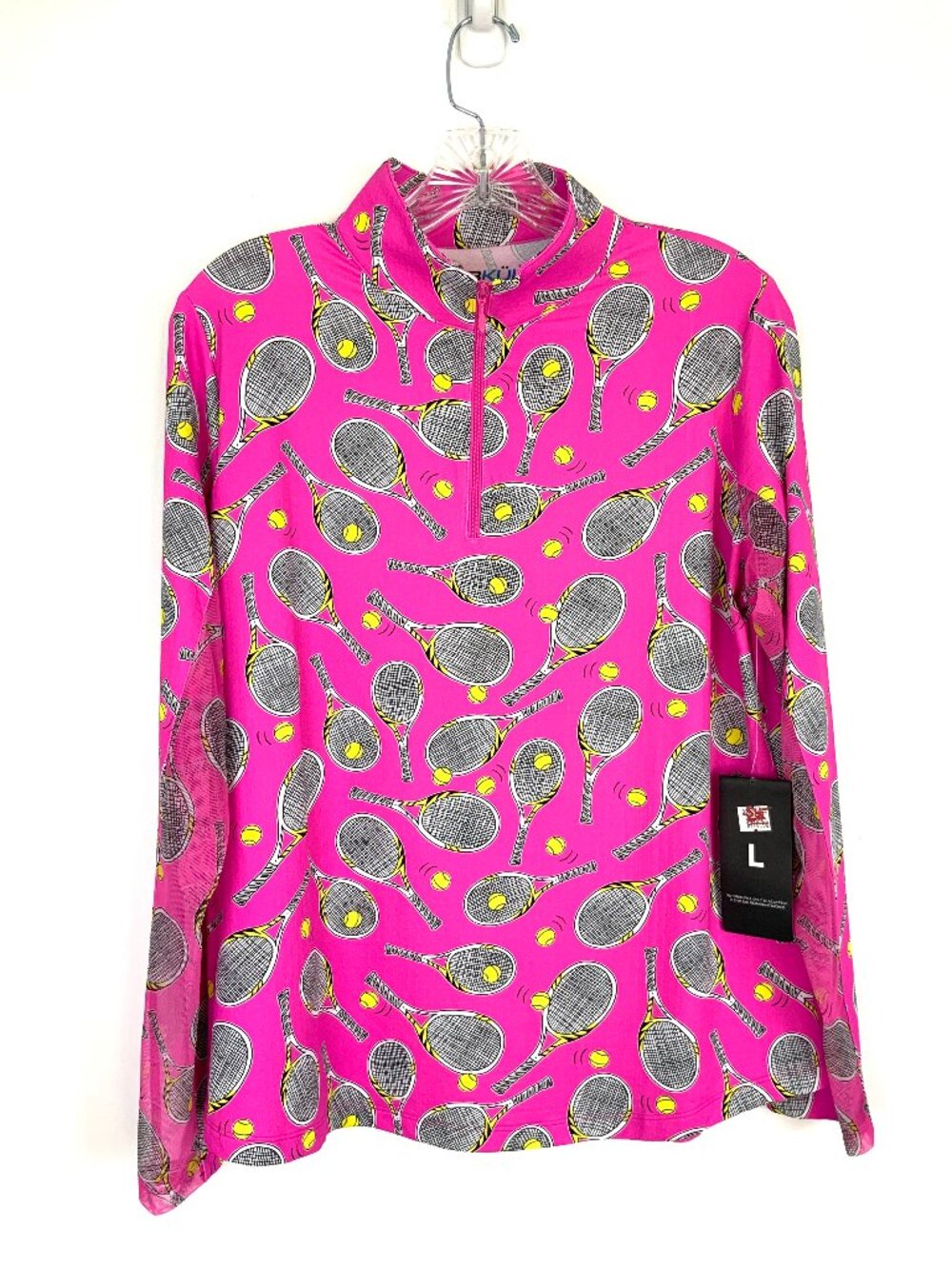 New Women's IBKUL Long Sleeve 1/4 Zip Tennis Top Venus Hot Pink Sz L